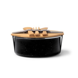Portapranzo in Metallo con Rivestimento Ceramico e Coperchio in Bambù – 750 ml con posate